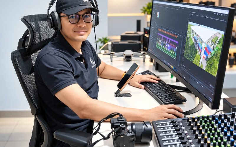 Audiovisual editor at a workstation with drone, camera and audio mixer